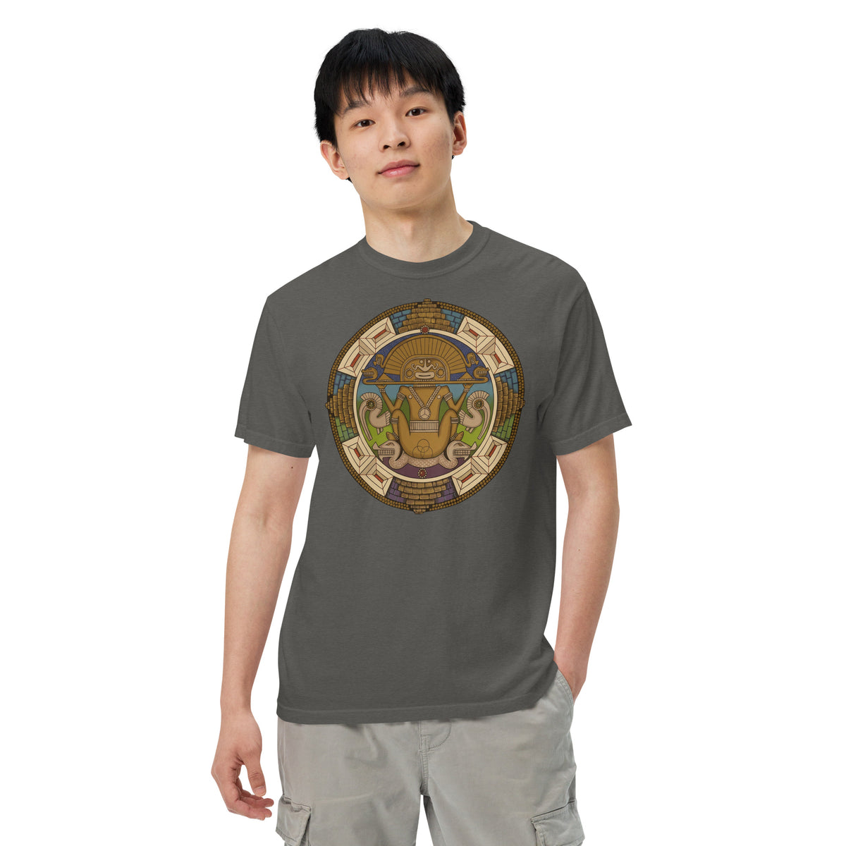 Pepper garment-dyed heavyweight t-shirt with hand-drawn pre-Columbian Sun God art by Bareta Fina Designs