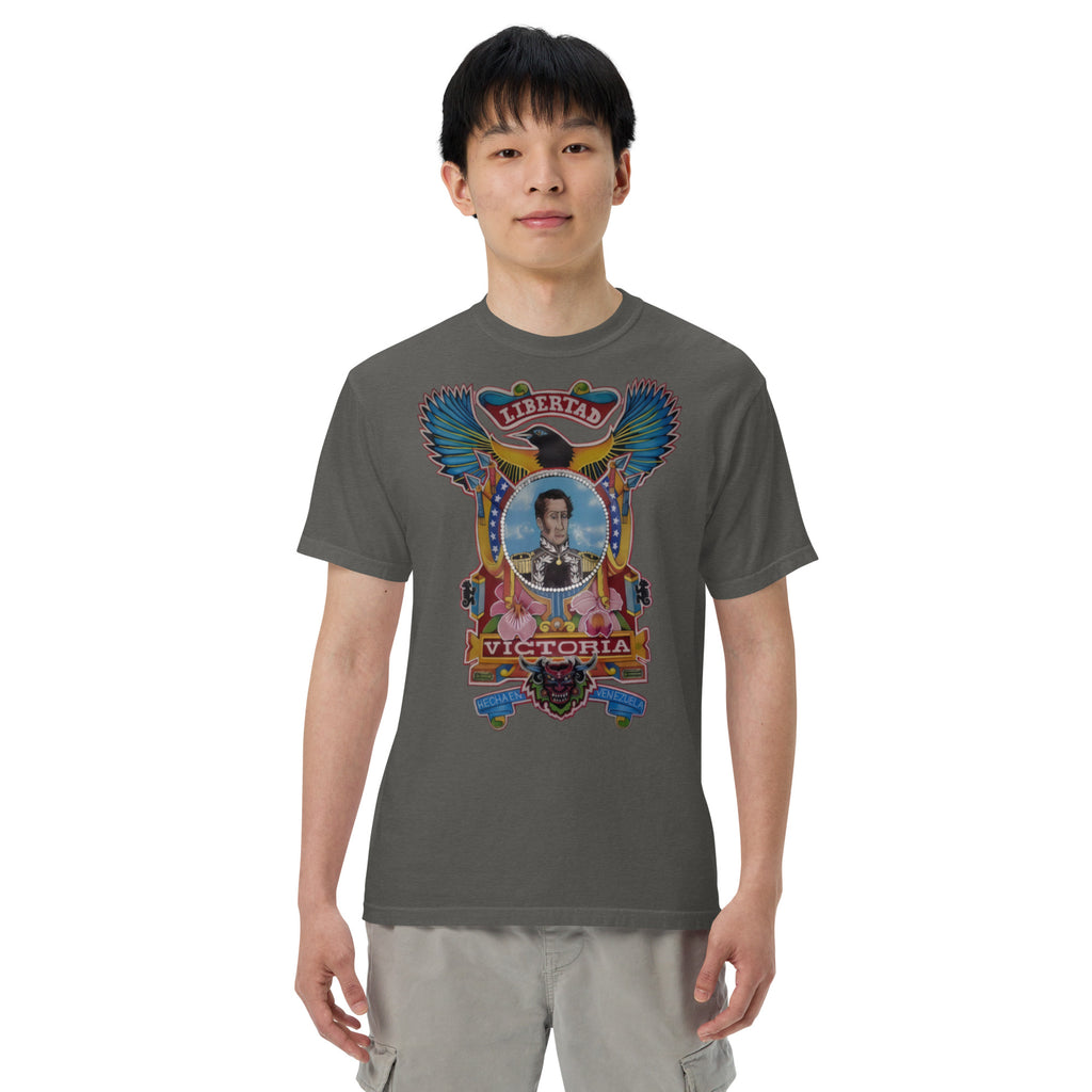 Pepper unisex heavyweight tee with hand-drawn Simón Bolívar-inspired art – El Libertador heavyweight tee by Bareta Fina Designs