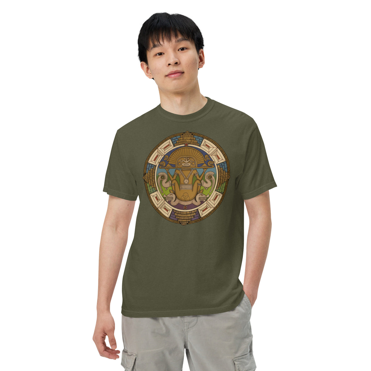 Sage garment-dyed heavyweight t-shirt with hand-drawn pre-Columbian Sun God art by Bareta Fina Designs
