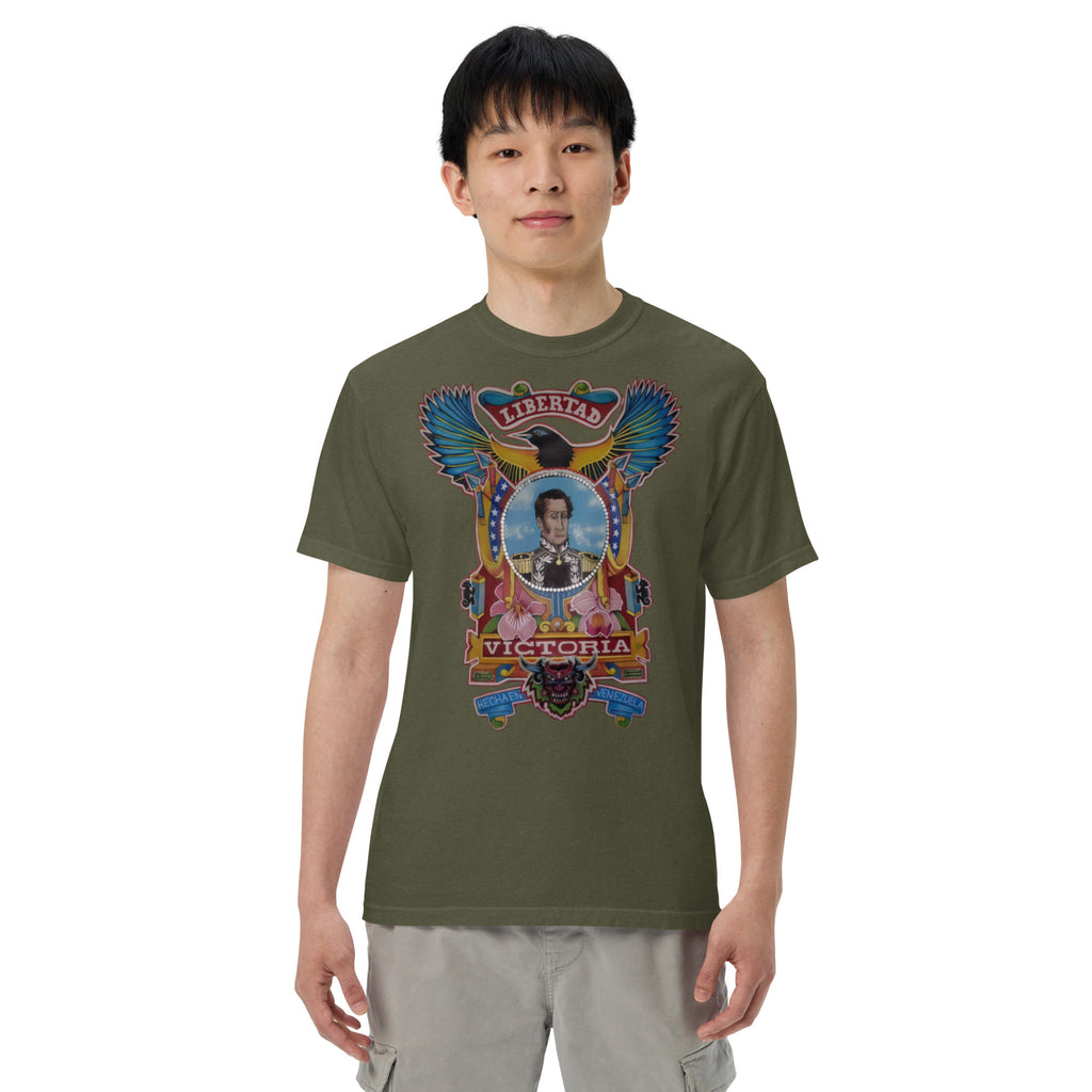 Sage unisex heavyweight tee with hand-drawn Simón Bolívar-inspired art – El Libertador heavyweight tee by Bareta Fina Designs
