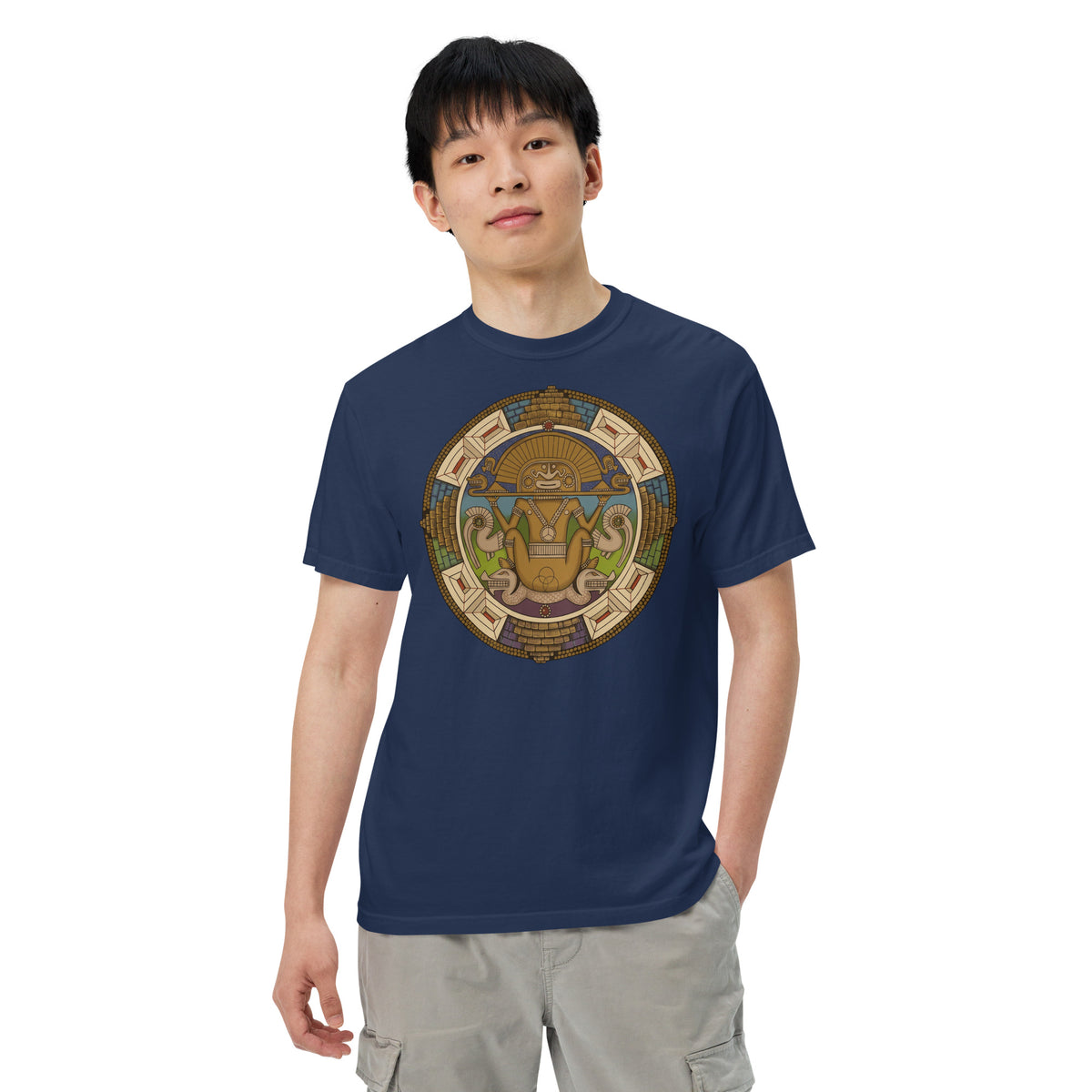 True navy garment-dyed heavyweight t-shirt with hand-drawn pre-Columbian Sun God art by Bareta Fina Designs