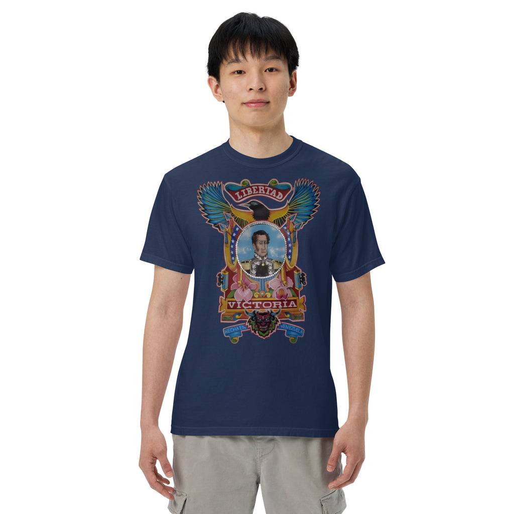True navy unisex heavyweight tee with hand-drawn Simón Bolívar-inspired art – El Libertador heavyweight tee by Bareta Fina Designs
