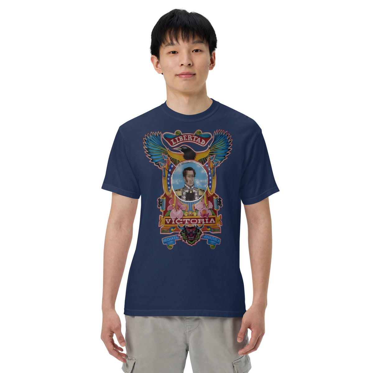 True navy unisex heavyweight tee with hand-drawn Simón Bolívar-inspired art – El Libertador heavyweight tee by Bareta Fina Designs