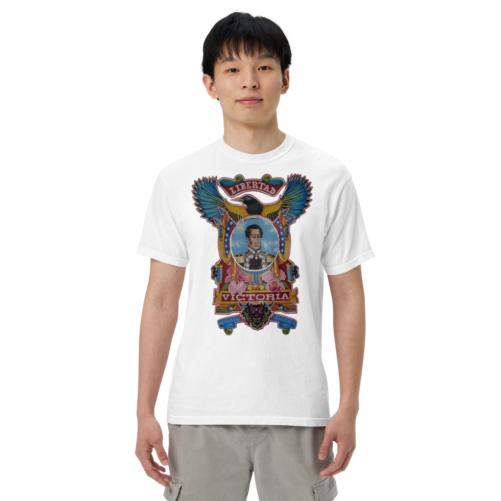 White unisex heavyweight tee with hand-drawn Simón Bolívar-inspired art – El Libertador heavyweight tee by Bareta Fina Designs