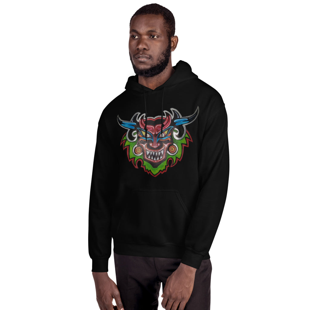 Black unisex hoodie with hand-drawn Dancing Demon folk art by Bareta Fina Designs