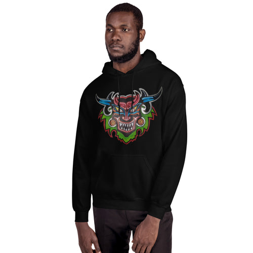 Black unisex hoodie with hand-drawn Dancing Demon folk art by Bareta Fina Designs