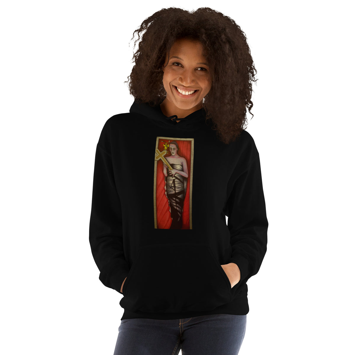 Black unisex hoodie with original hand-drawn gothic The Mourning Bride art by Bareta Fina Designs