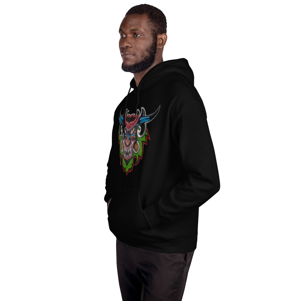 Black unisex hoodie with hand-drawn Dancing Demon folk art by Bareta Fina Designs