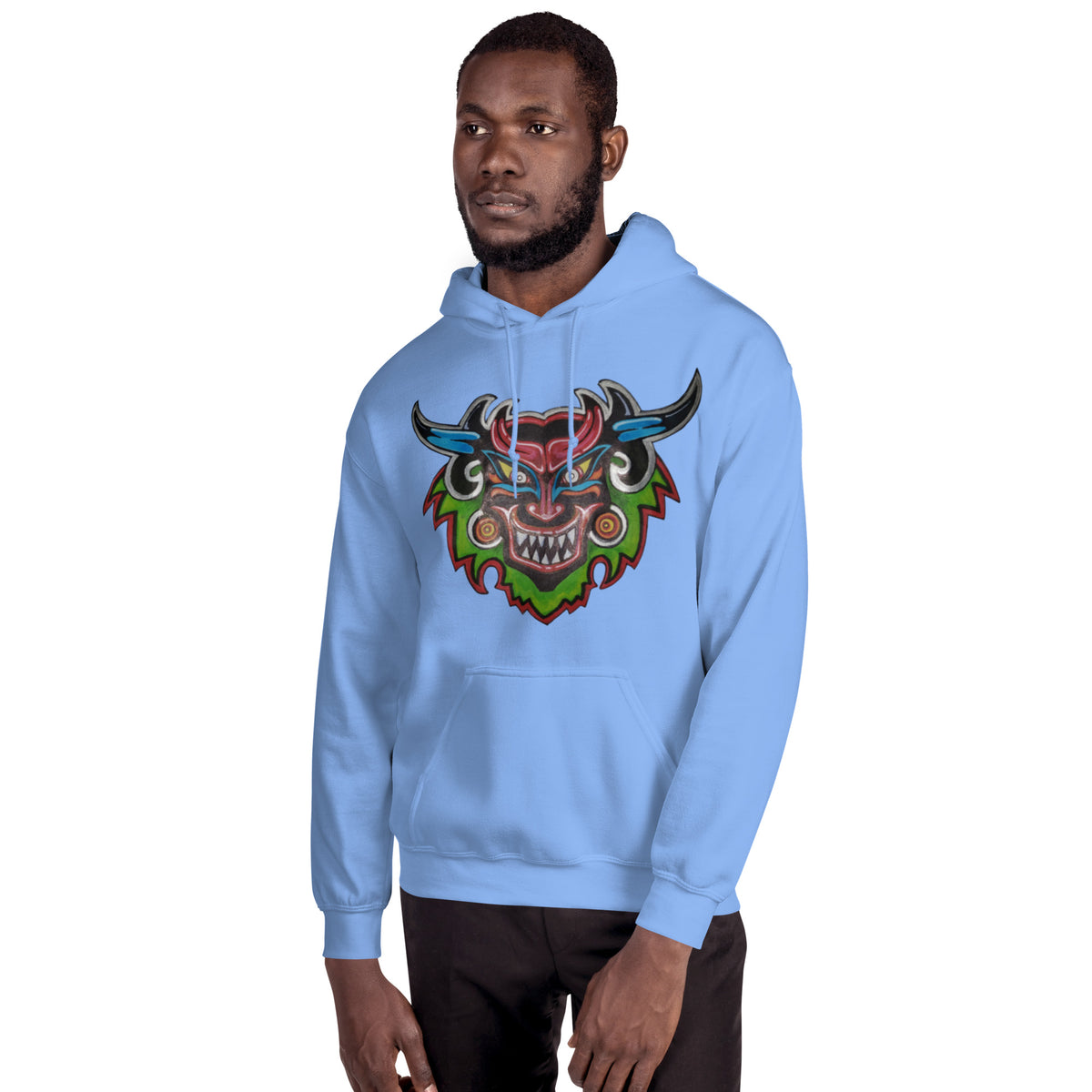 Carolina blue unisex hoodie with hand-drawn Dancing Demon folk art by Bareta Fina Designs