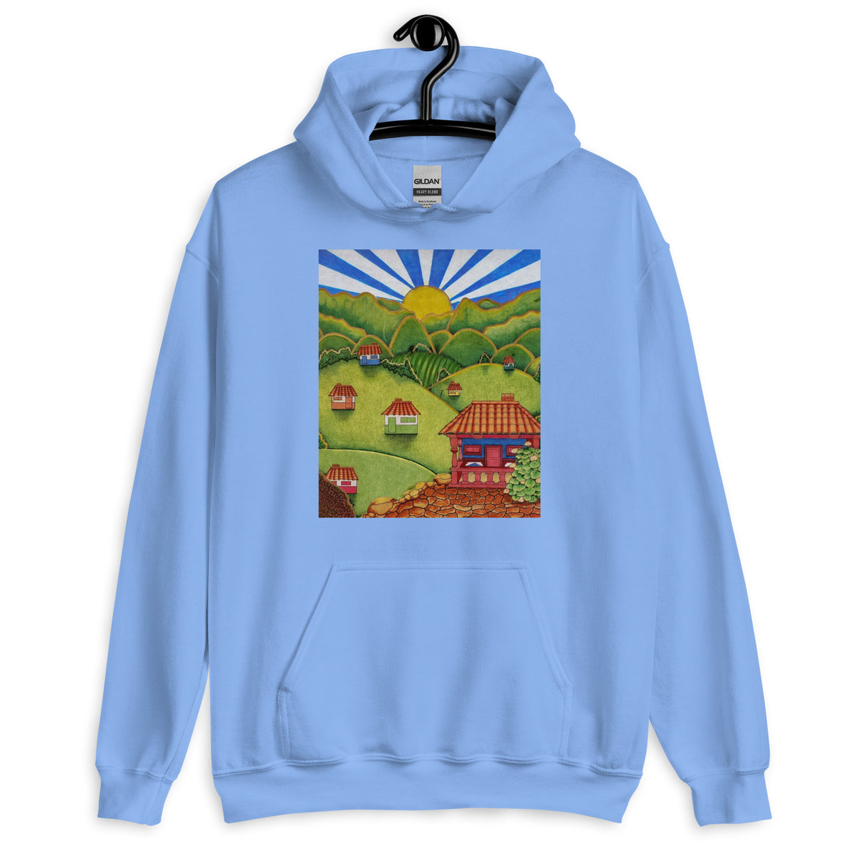 Carolina blue unisex hoodie with hand-drawn Colombian landscape art – Beautiful View by Bareta Fina Designs