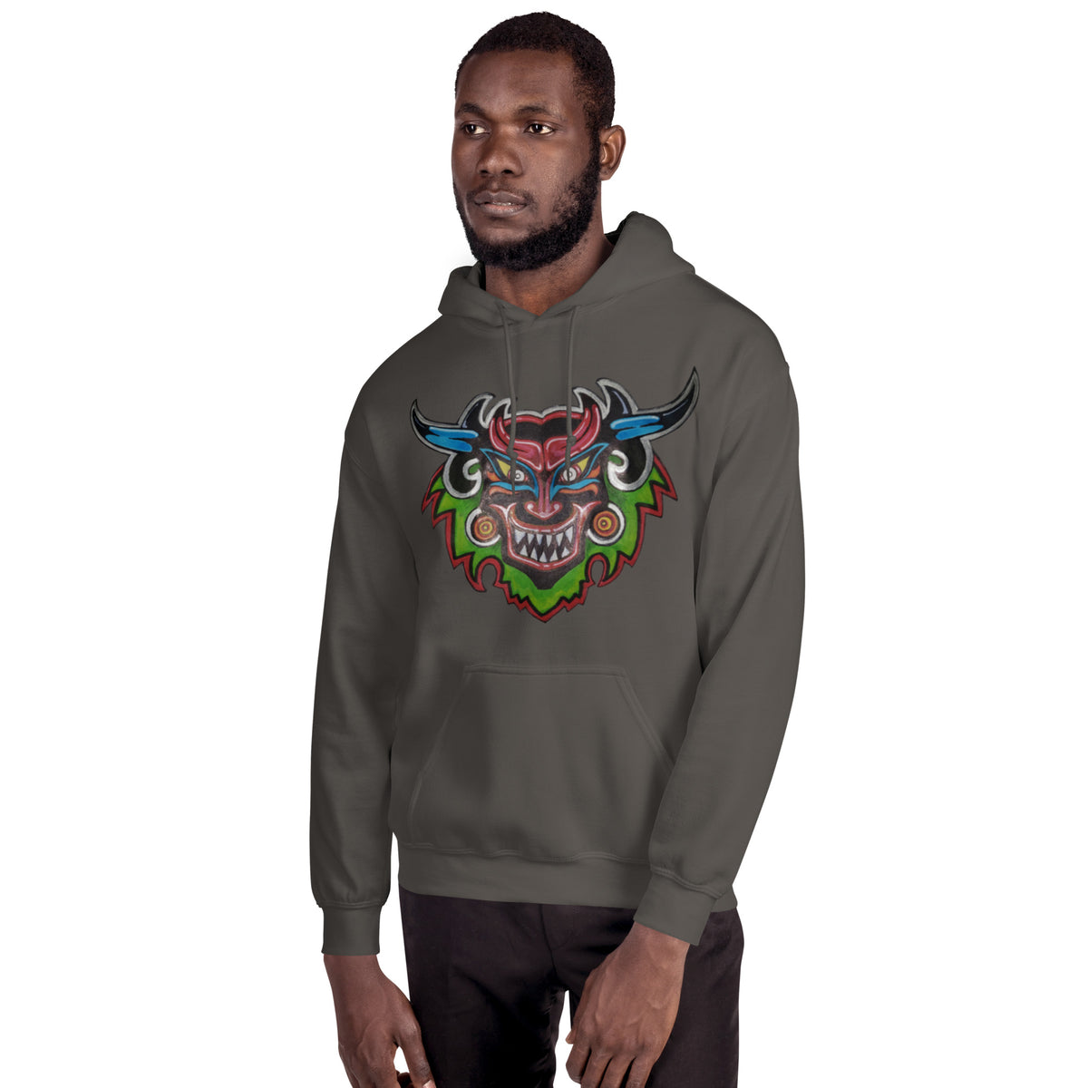Charcoal unisex hoodie with hand-drawn Dancing Demon folk art by Bareta Fina Designs