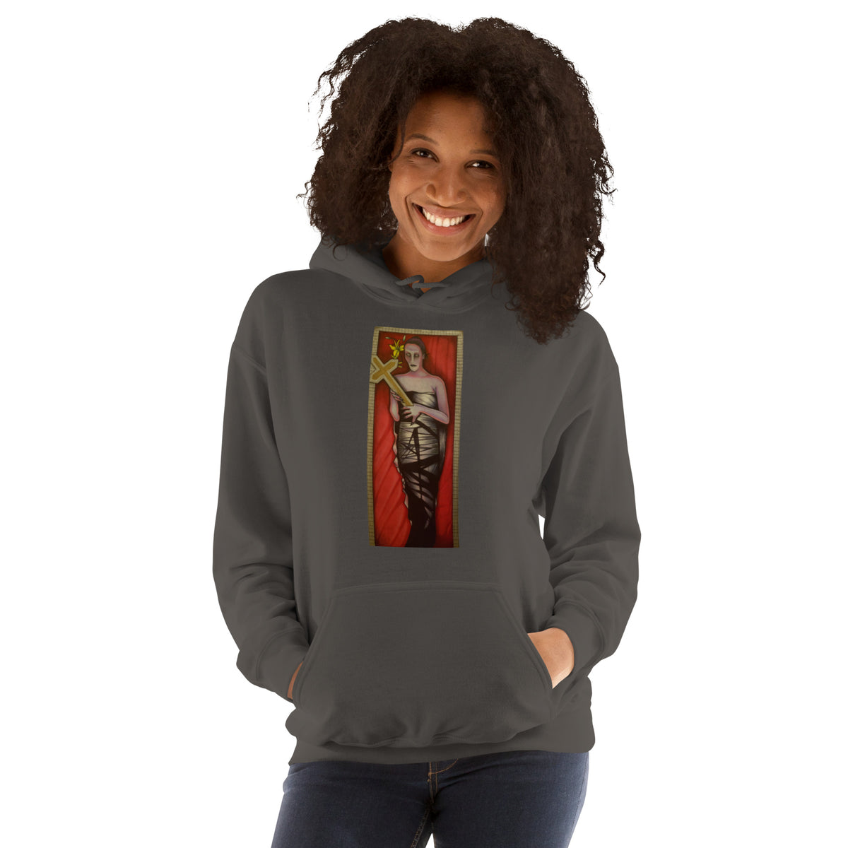 Charcoal unisex hoodie with original hand-drawn gothic The Mourning Bride art by Bareta Fina Designs