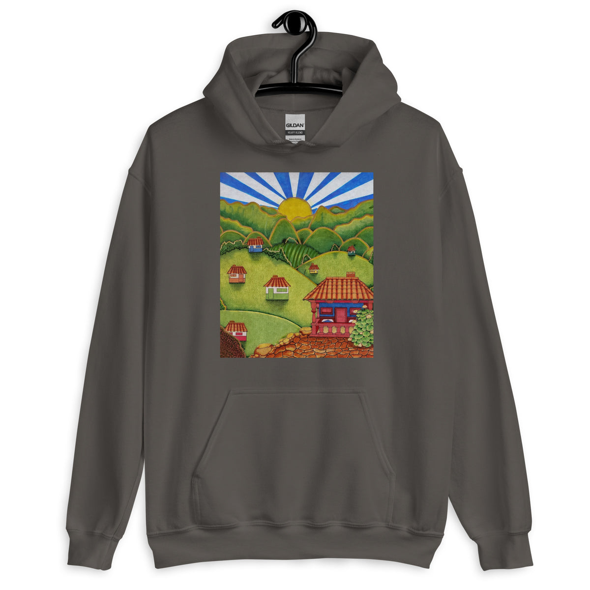Charcoal unisex hoodie with hand-drawn Colombian landscape art – Beautiful View by Bareta Fina Designs