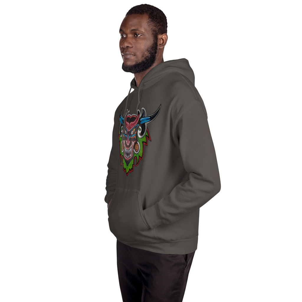 Charcoal unisex hoodie with hand-drawn Dancing Demon folk art by Bareta Fina Designs
