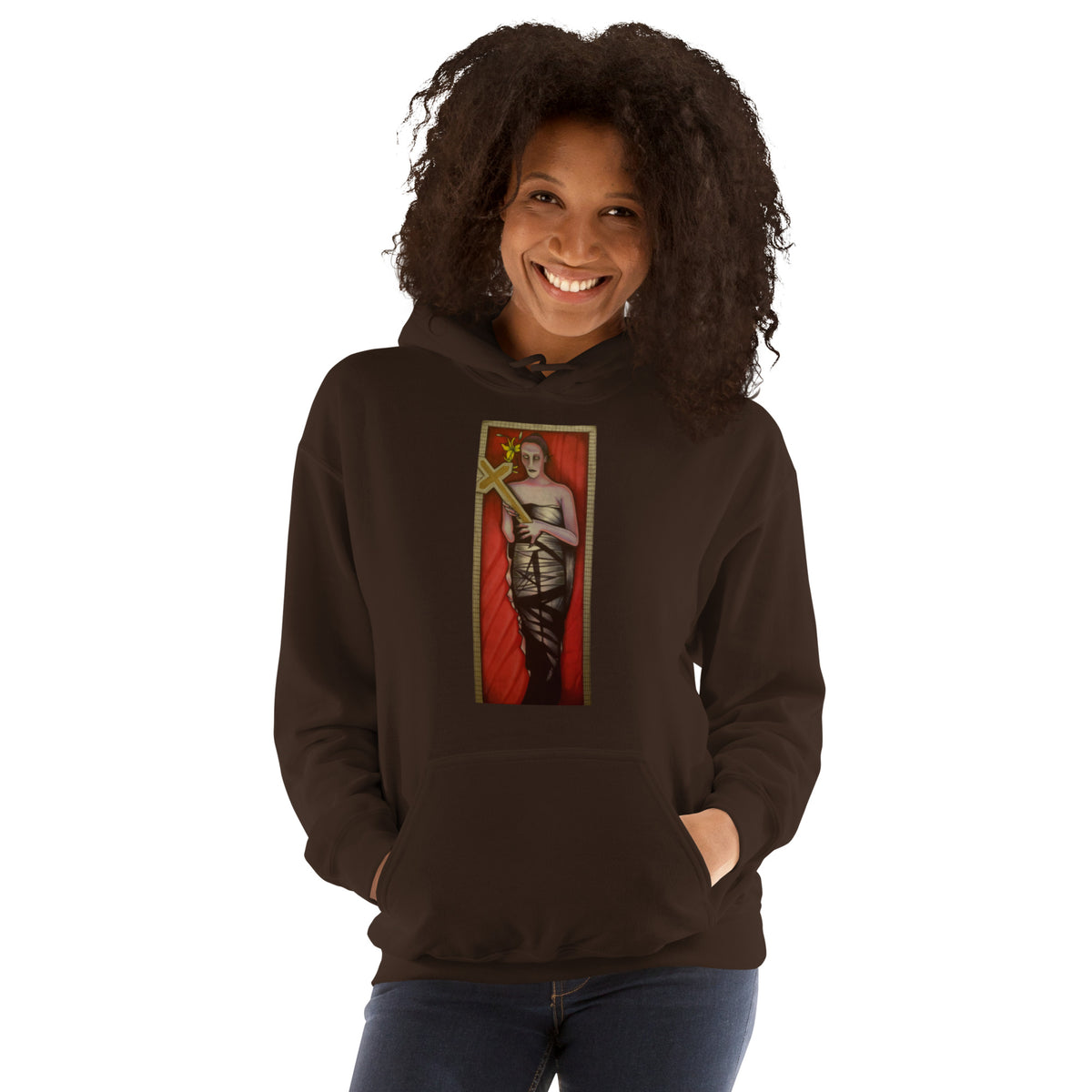 Dark chocolate brown unisex hoodie with original hand-drawn gothic The Mourning Bride art by Bareta Fina Designs