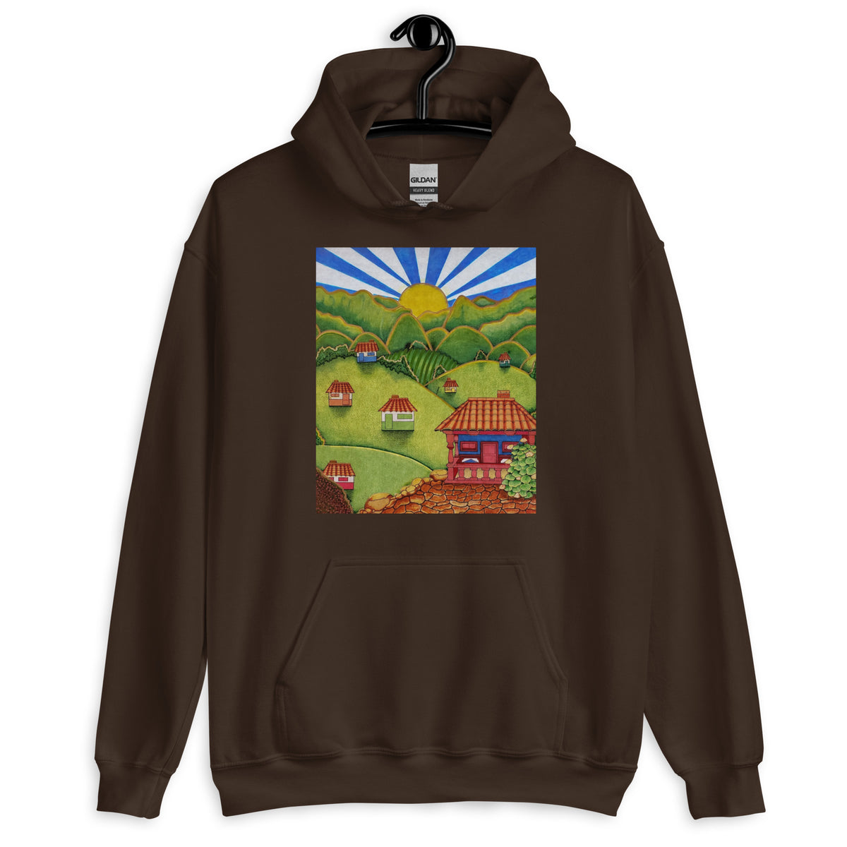 Dark chocolate brown unisex hoodie with hand-drawn Colombian landscape art – Beautiful View by Bareta Fina Designs