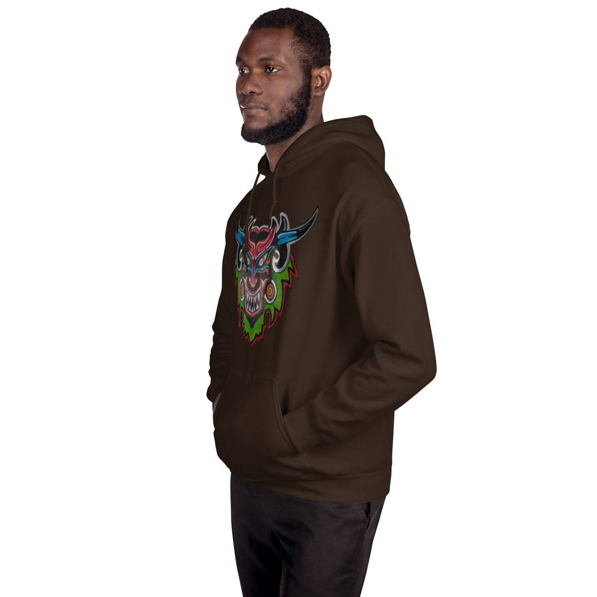 Dark chocolate brown unisex hoodie with hand-drawn Dancing Demon folk art by Bareta Fina Designs