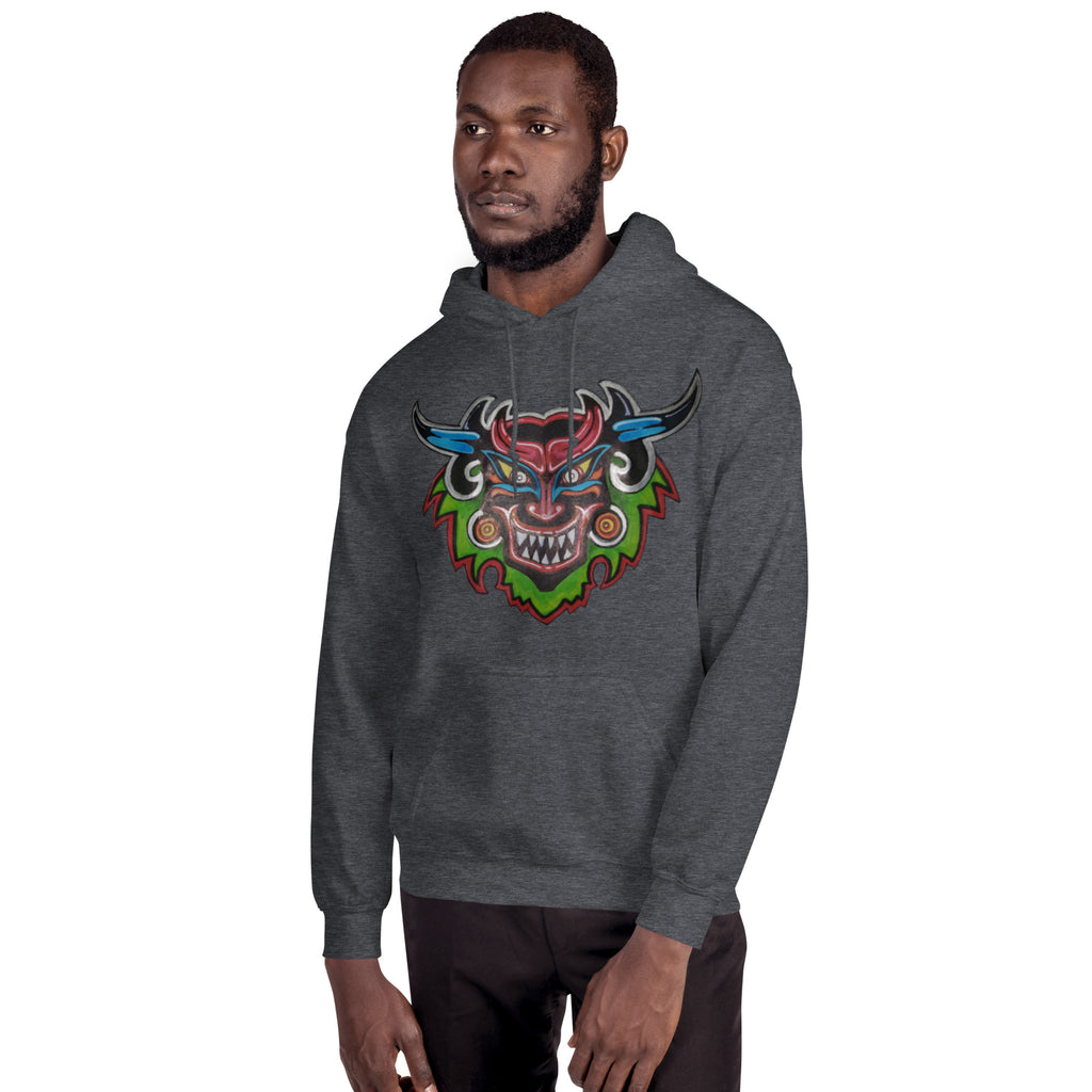Dark heather gray unisex hoodie with hand-drawn Dancing Demon folk art by Bareta Fina Designs