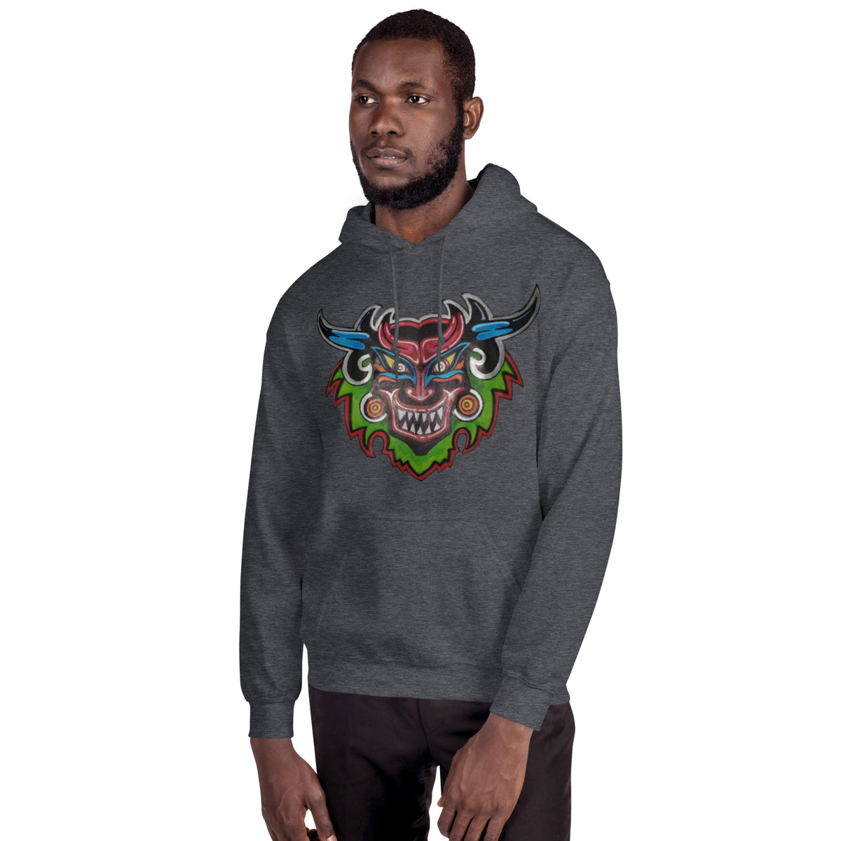 Dark heather gray unisex hoodie with hand-drawn Dancing Demon folk art by Bareta Fina Designs