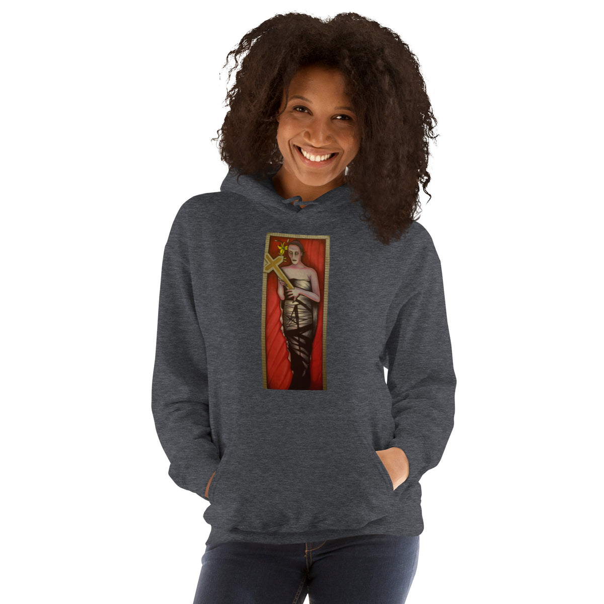 Dark heather gray unisex hoodie with original hand-drawn gothic The Mourning Bride art by Bareta Fina Designs