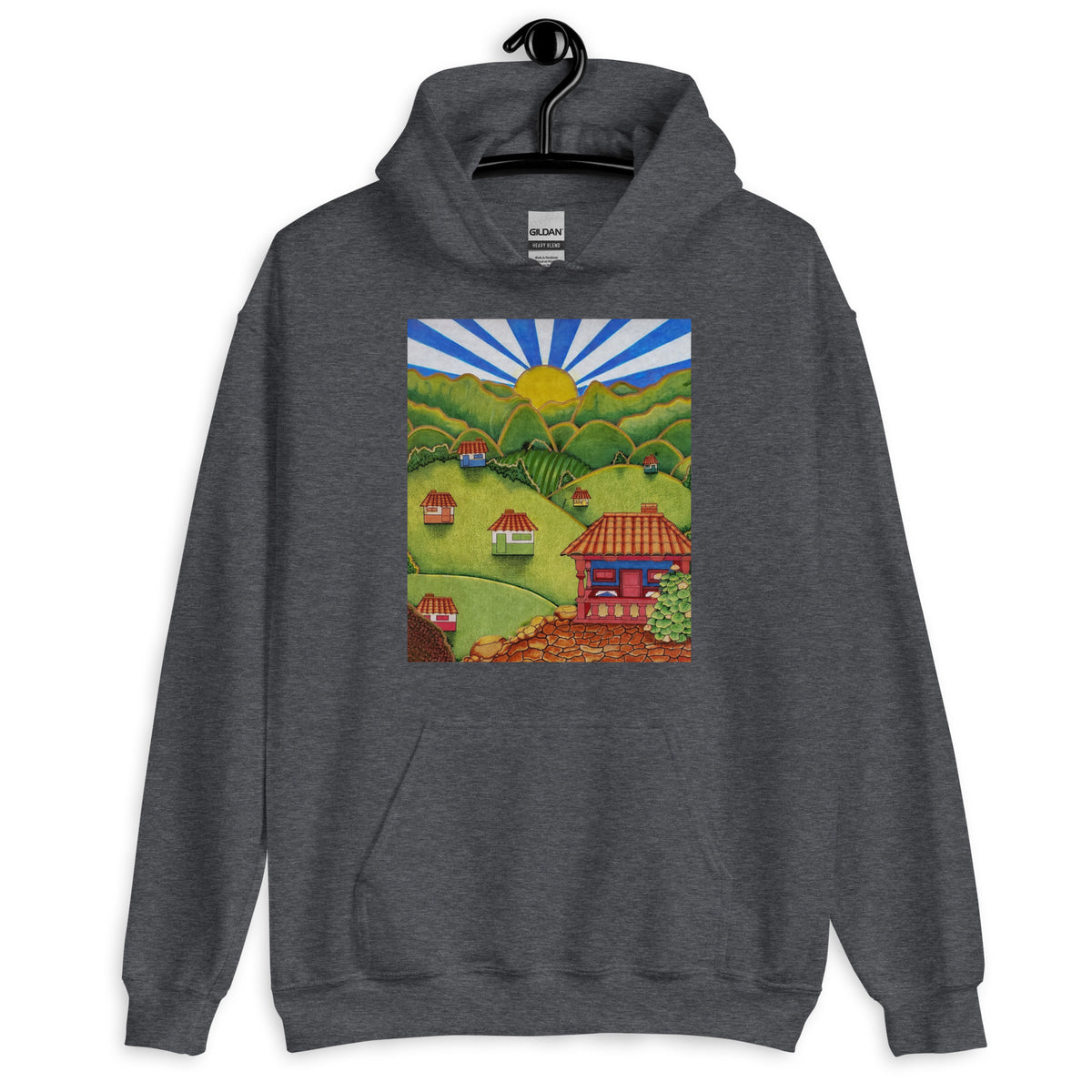 Dark heather gray unisex hoodie with hand-drawn Colombian landscape art – Beautiful View by Bareta Fina Designs