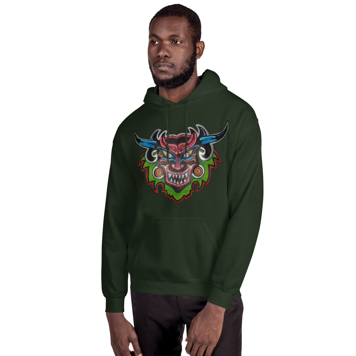 Forest green unisex hoodie with hand-drawn Dancing Demon folk art by Bareta Fina Designs
