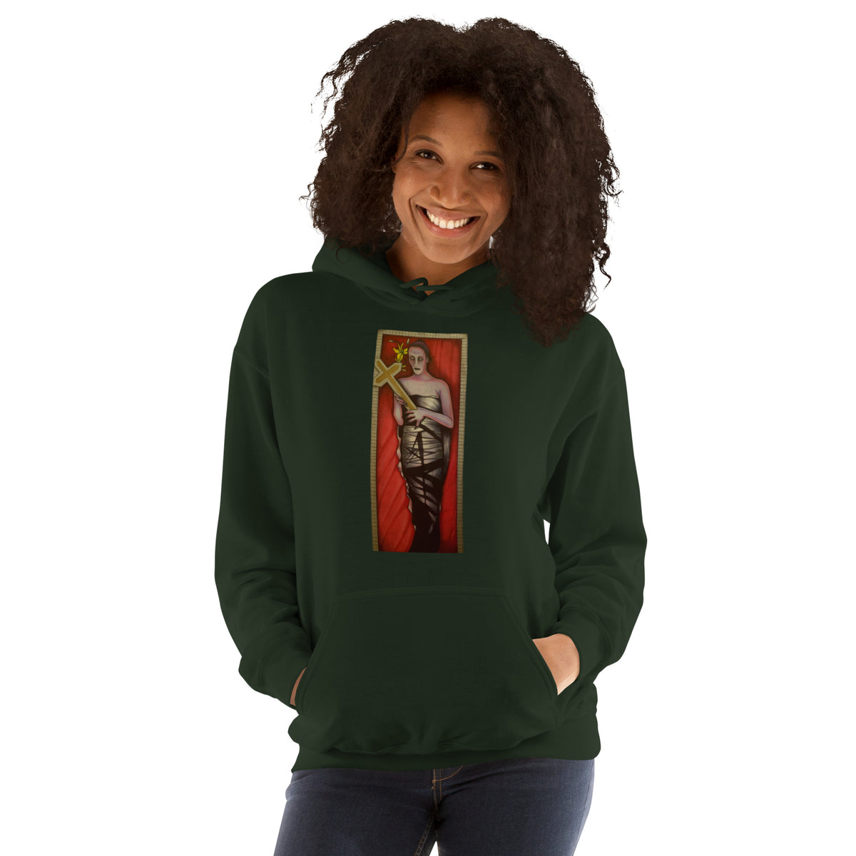 Forest green unisex hoodie with original hand-drawn gothic The Mourning Bride art by Bareta Fina Designs