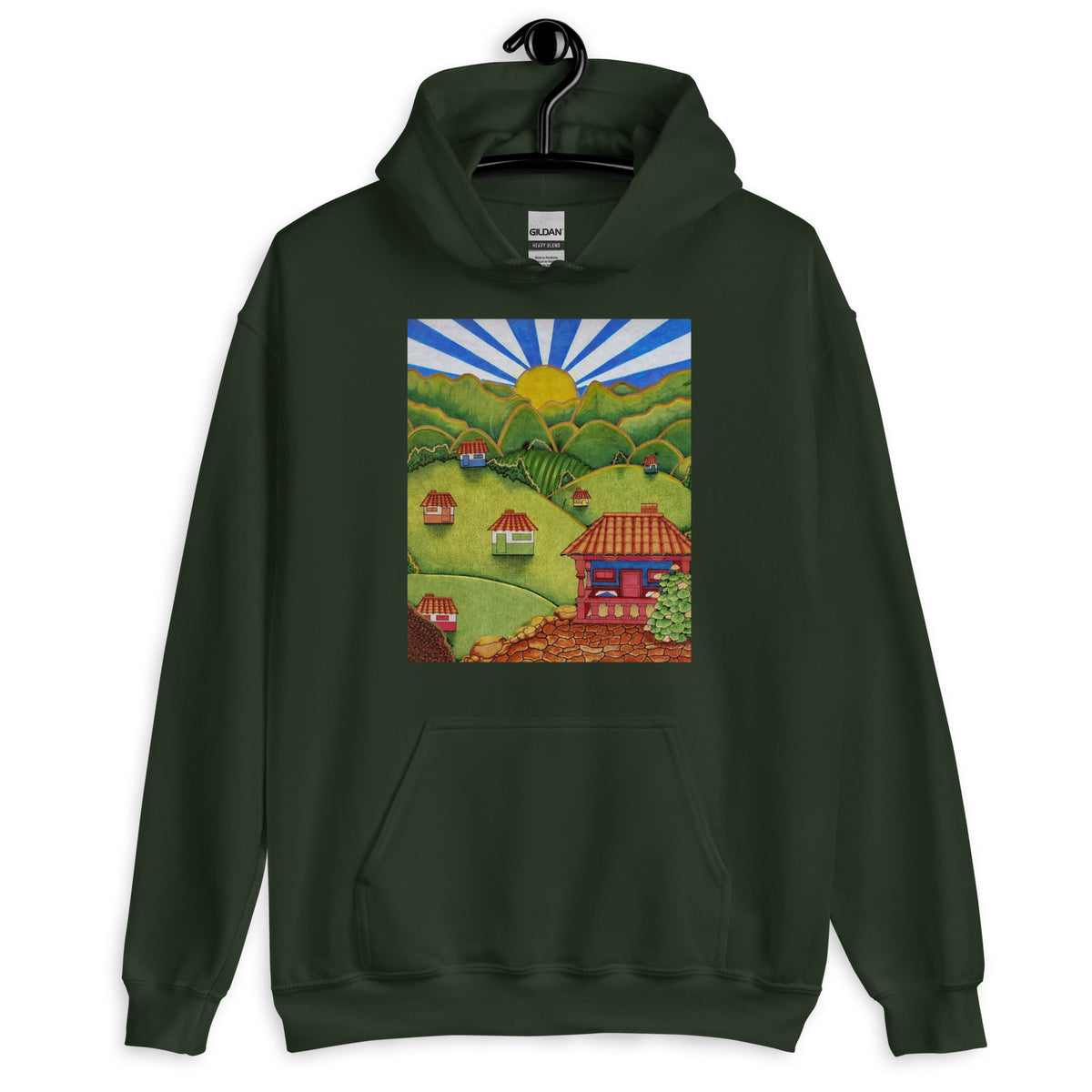 Forest green unisex hoodie with hand-drawn Colombian landscape art – Beautiful View by Bareta Fina Designs