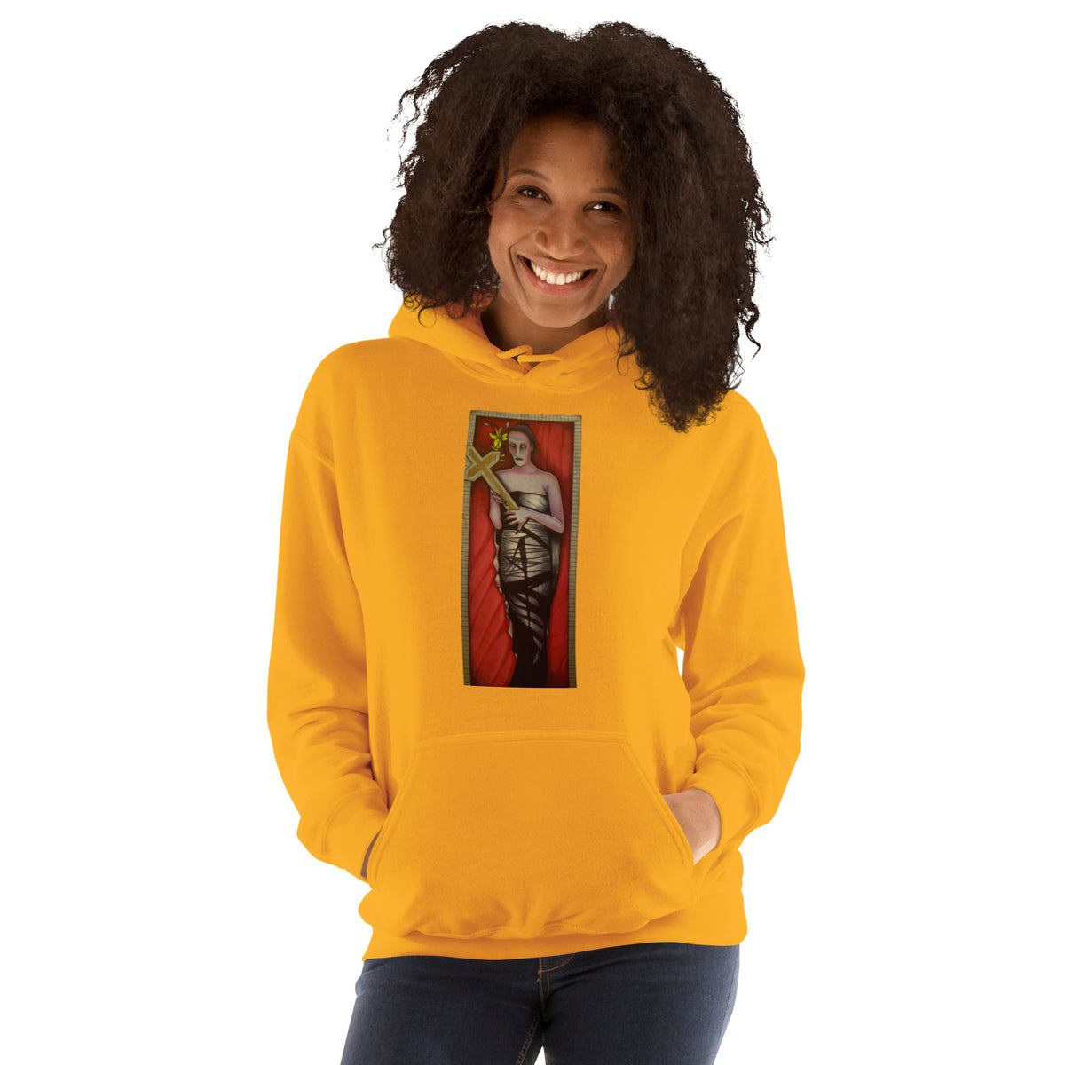 Gold unisex hoodie with original hand-drawn gothic The Mourning Bride art by Bareta Fina Designs