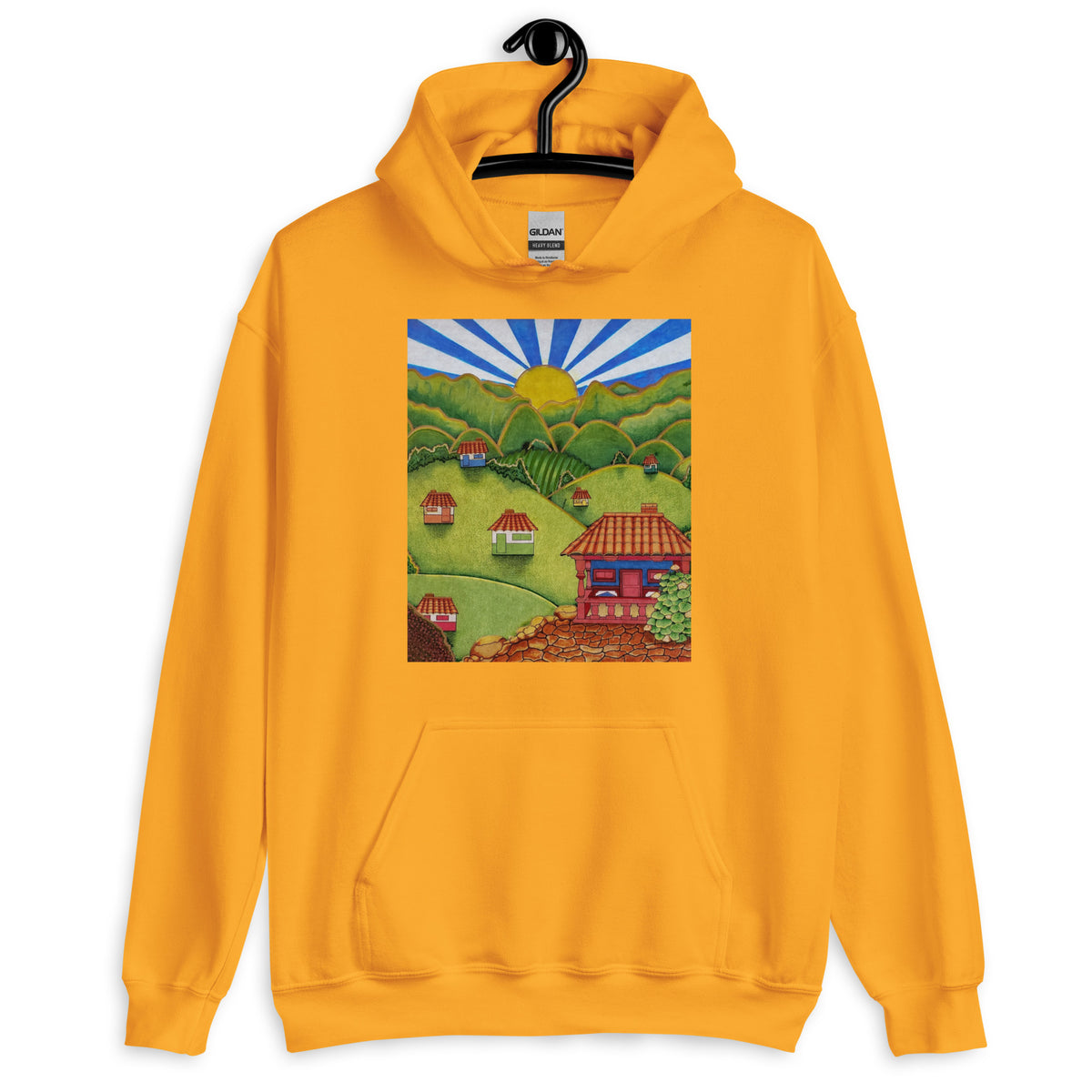 Gold unisex hoodie with hand-drawn Colombian landscape art – Beautiful View by Bareta Fina Designs