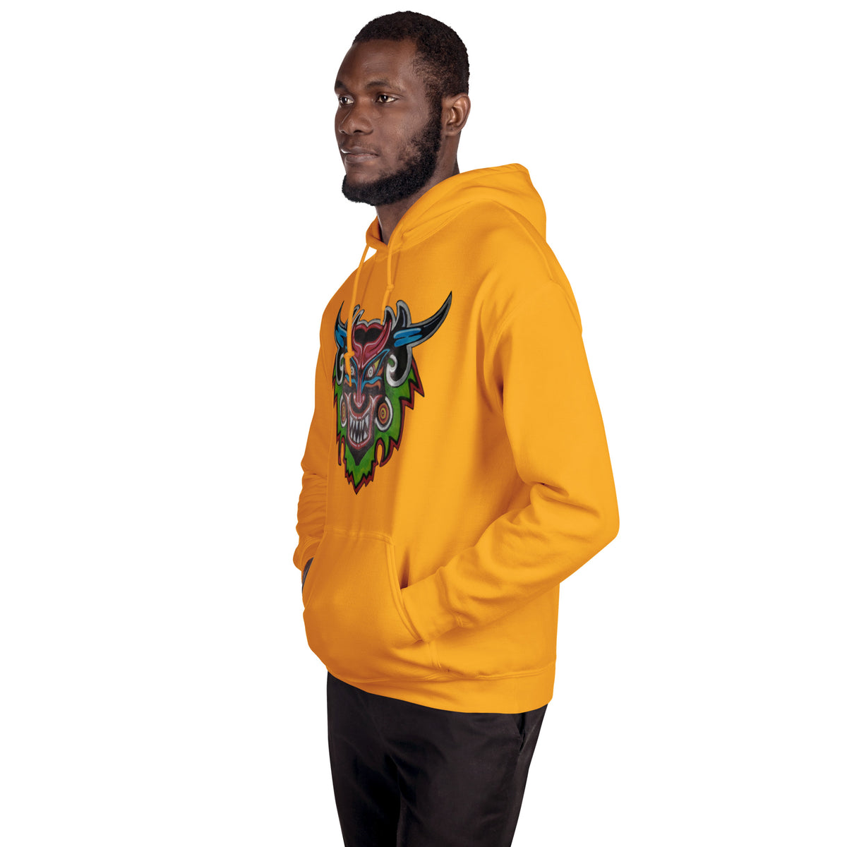 Gold unisex hoodie with hand-drawn Dancing Demon folk art by Bareta Fina Designs