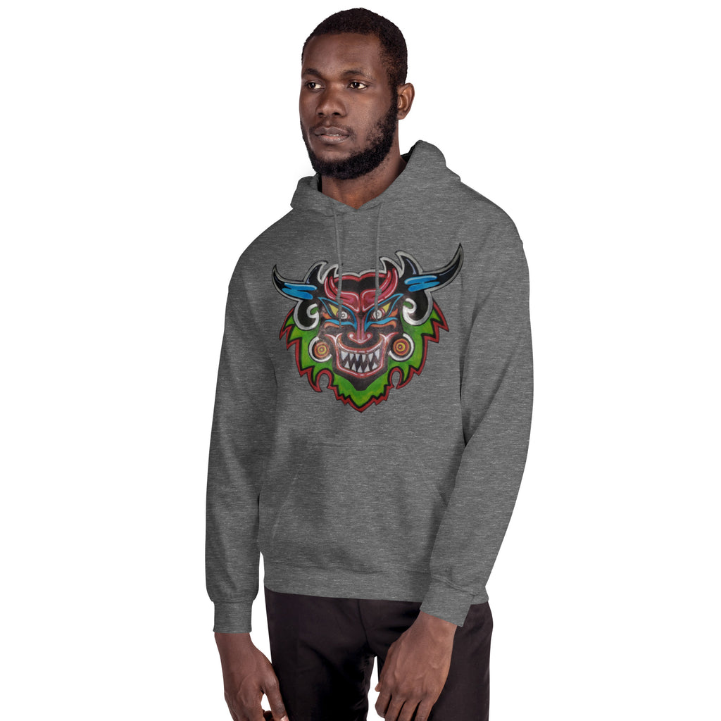 Graphite heather gray unisex hoodie with hand-drawn Dancing Demon folk art by Bareta Fina Designs