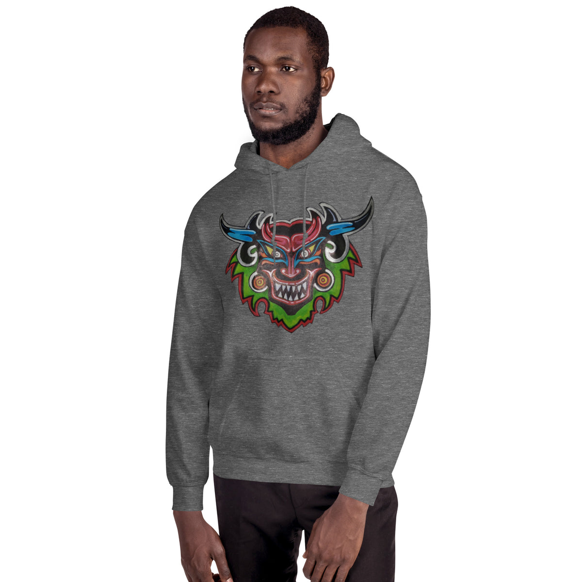 Graphite heather gray unisex hoodie with hand-drawn Dancing Demon folk art by Bareta Fina Designs