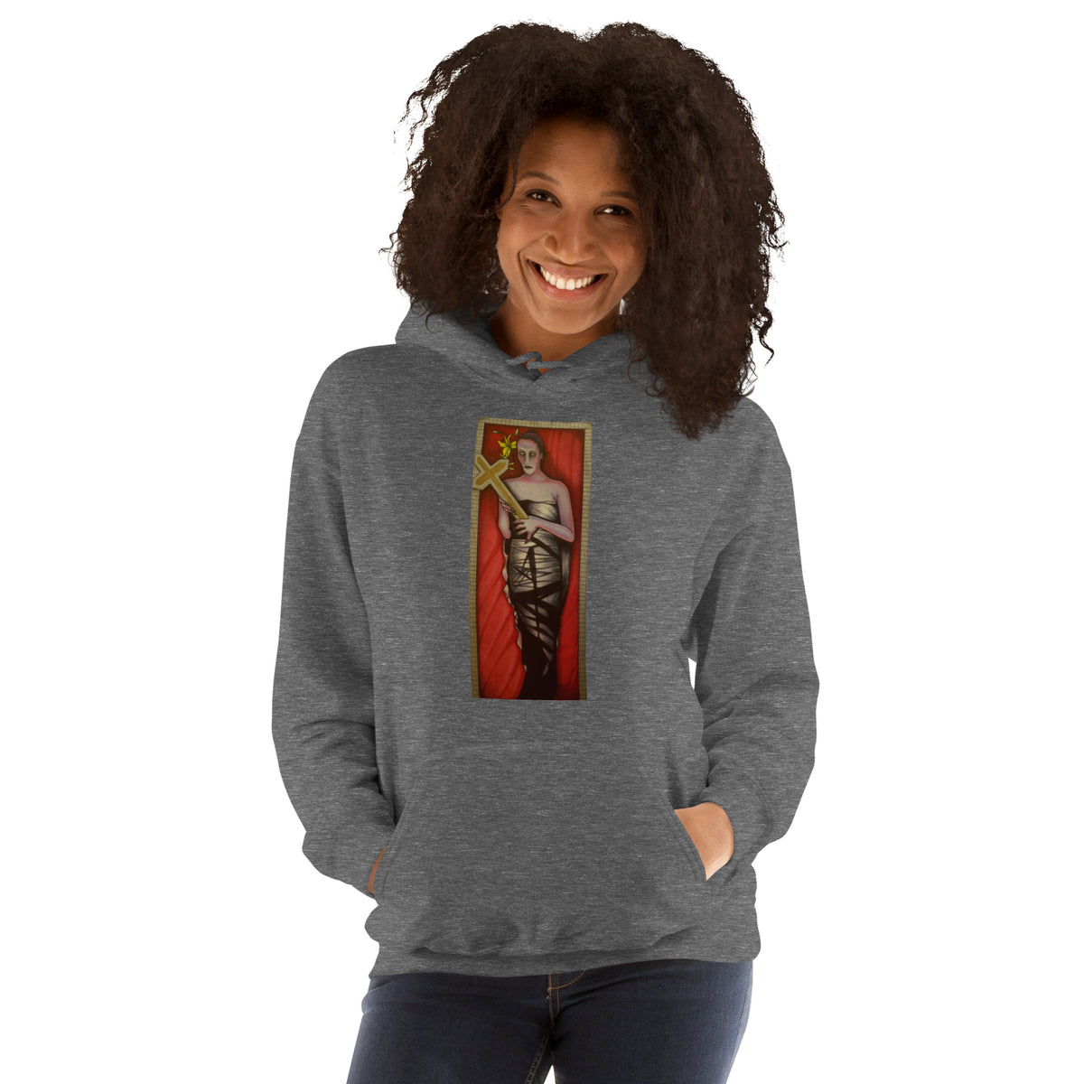 Graphite heather gray unisex hoodie with original hand-drawn gothic The Mourning Bride art by Bareta Fina Designs