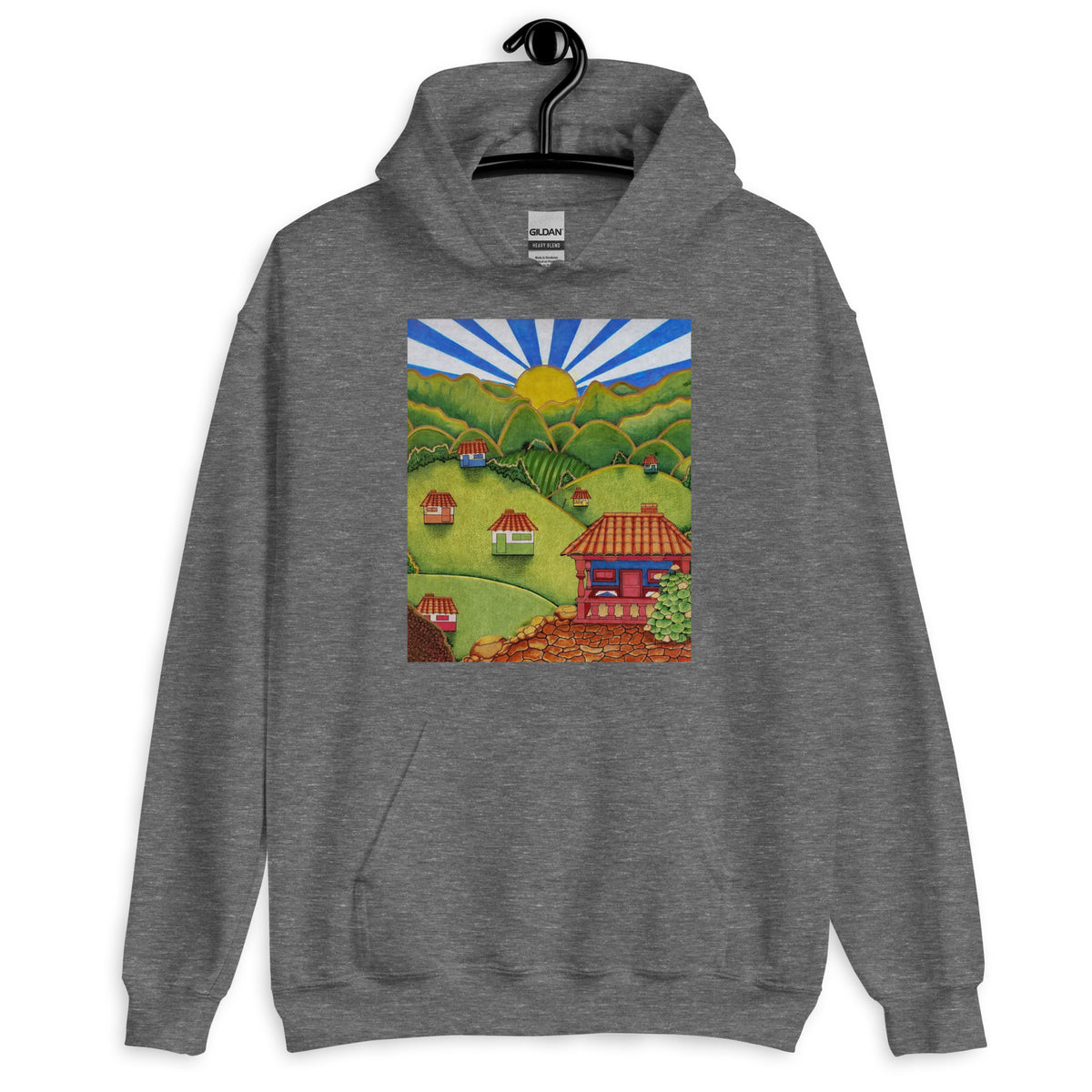 Graphite heather gray unisex hoodie with hand-drawn Colombian landscape art – Beautiful View by Bareta Fina Designs