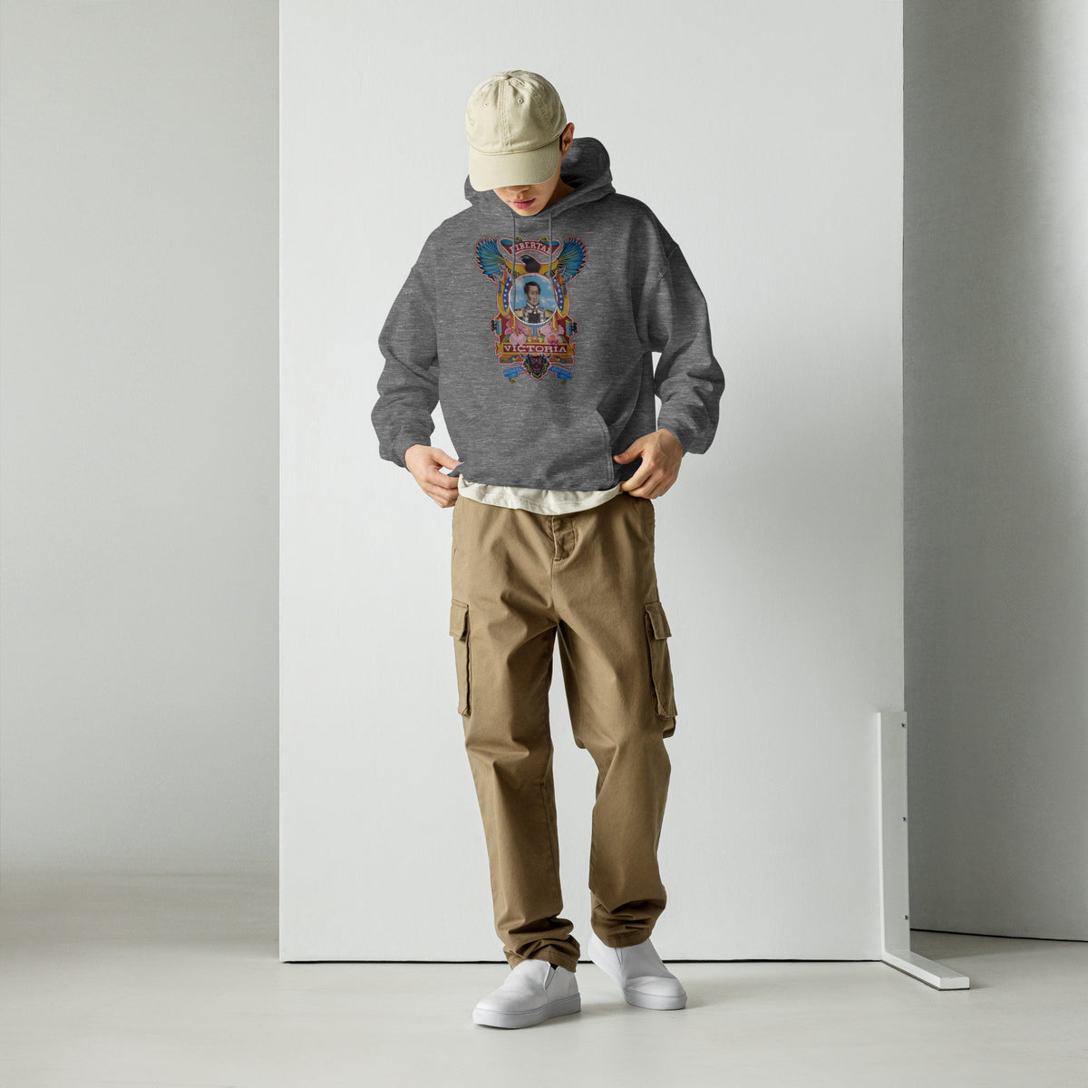 Graphite heather unisex hoodie with hand-drawn Simón Bolívar-inspired art – El Libertador hoodie by Bareta Fina Designs