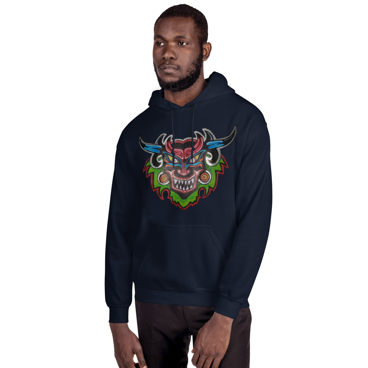 Navy unisex hoodie with hand-drawn Dancing Demon folk art by Bareta Fina Designs