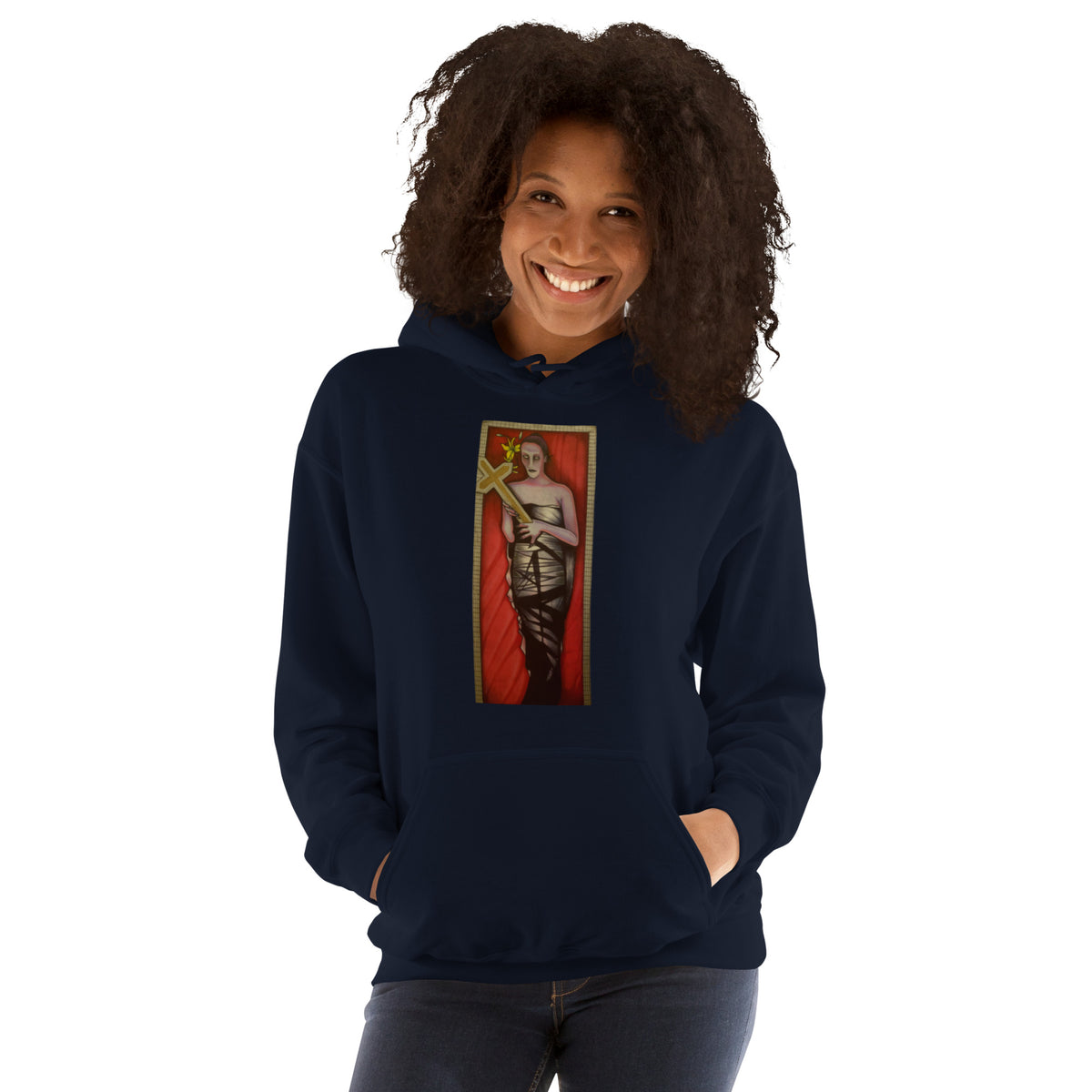 Navy unisex hoodie with original hand-drawn gothic The Mourning Bride art by Bareta Fina Designs