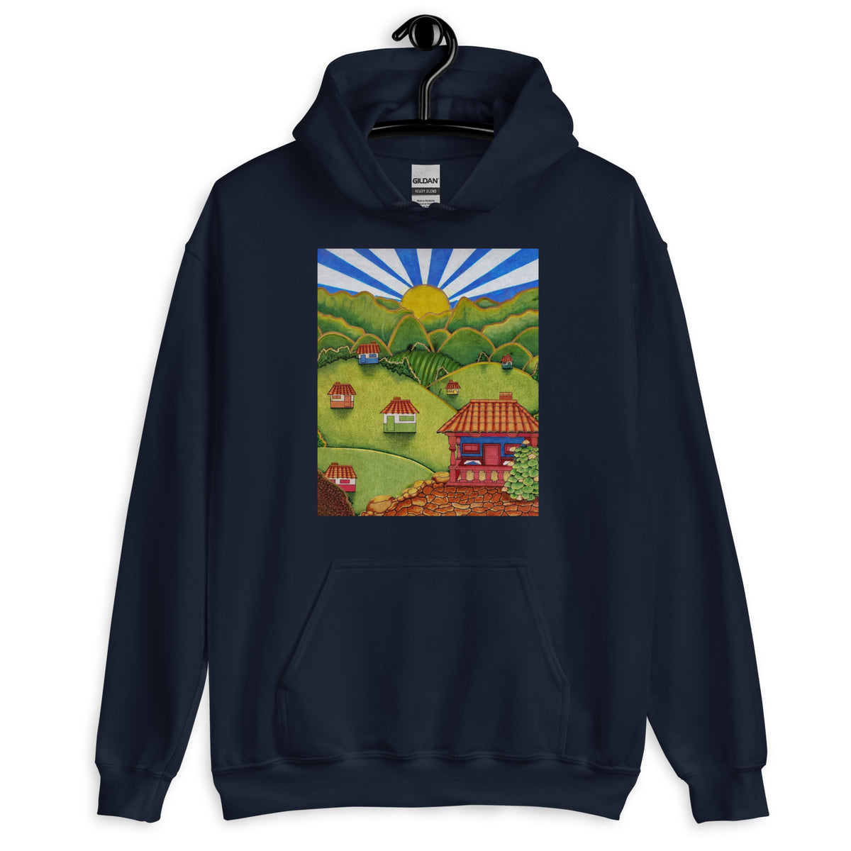 Navy unisex hoodie with hand-drawn Colombian landscape art – Beautiful View by Bareta Fina Designs