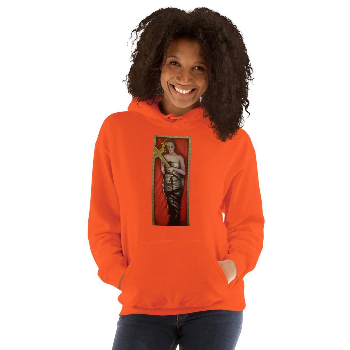 Orange unisex hoodie with original hand-drawn gothic The Mourning Bride art by Bareta Fina Designs