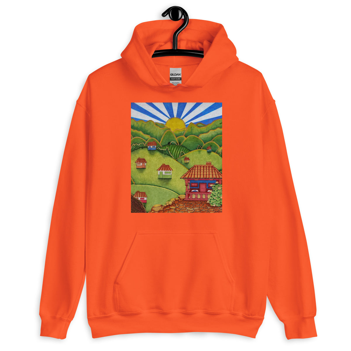 Orange unisex hoodie with hand-drawn Colombian landscape art – Beautiful View by Bareta Fina Designs