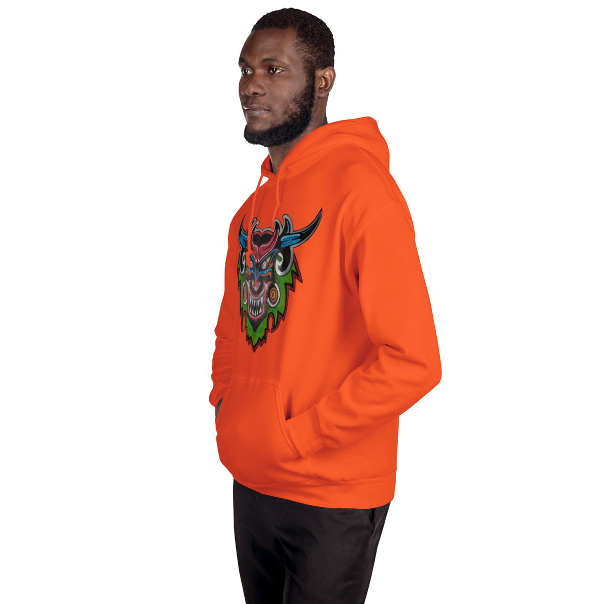Orange unisex hoodie with hand-drawn Dancing Demon folk art by Bareta Fina Designs