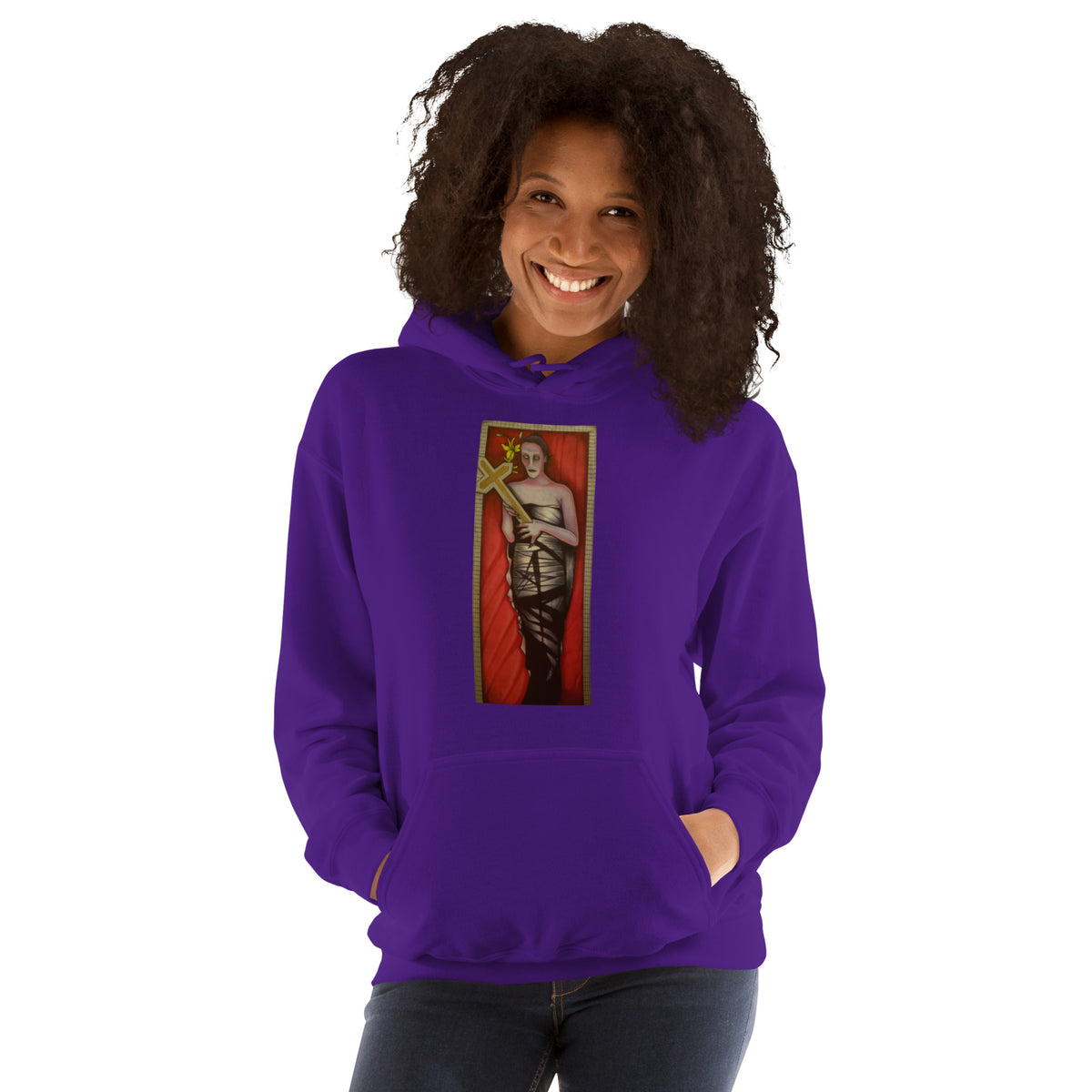 Purple unisex hoodie with original hand-drawn gothic The Mourning Bride art by Bareta Fina Designs