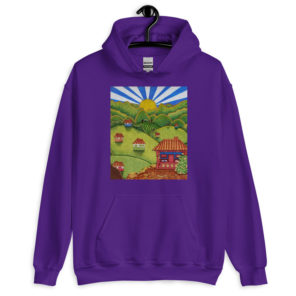 Purple unisex hoodie with hand-drawn Colombian landscape art – Beautiful View by Bareta Fina Designs