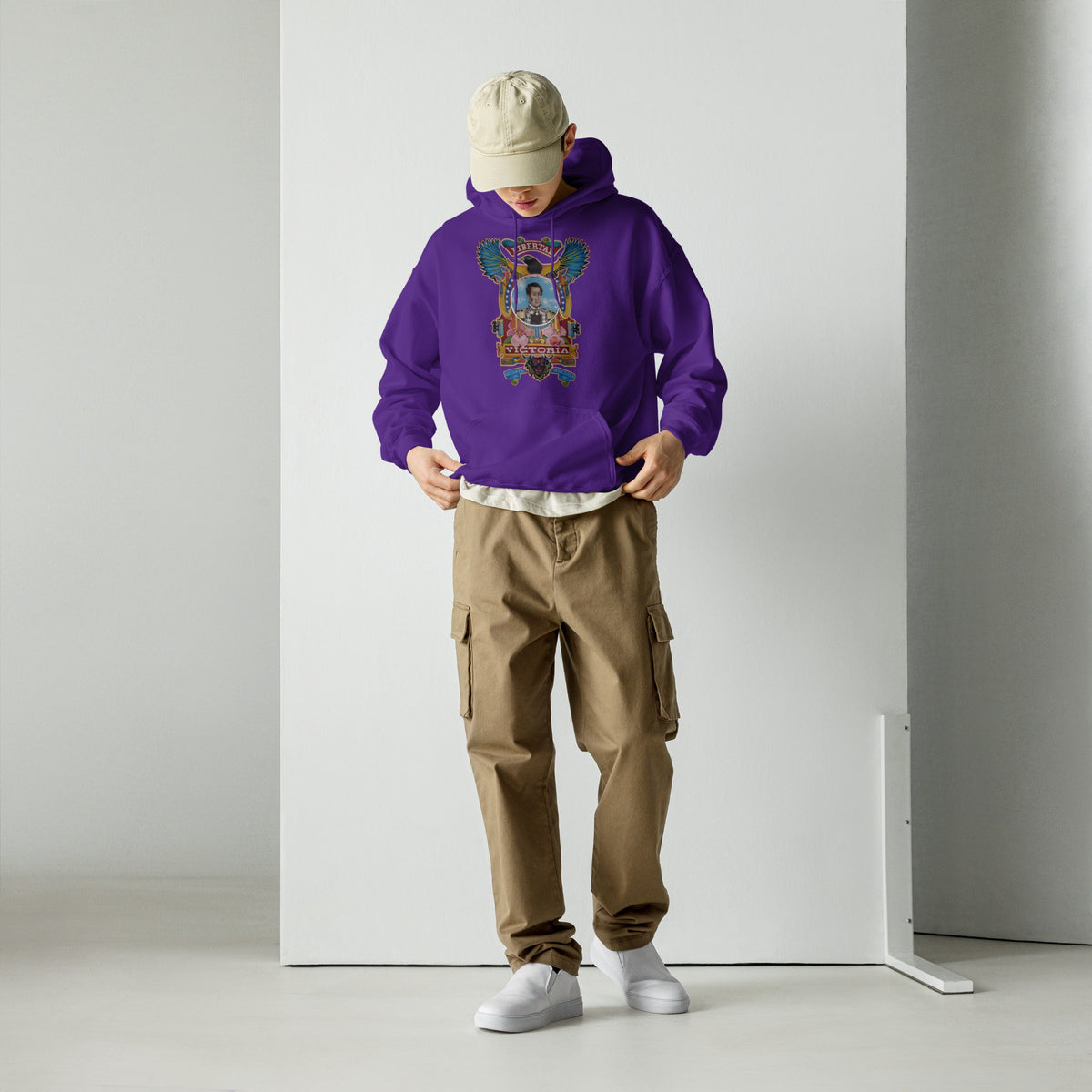 Purple unisex hoodie with hand-drawn Simón Bolívar-inspired art – El Libertador hoodie by Bareta Fina Designs