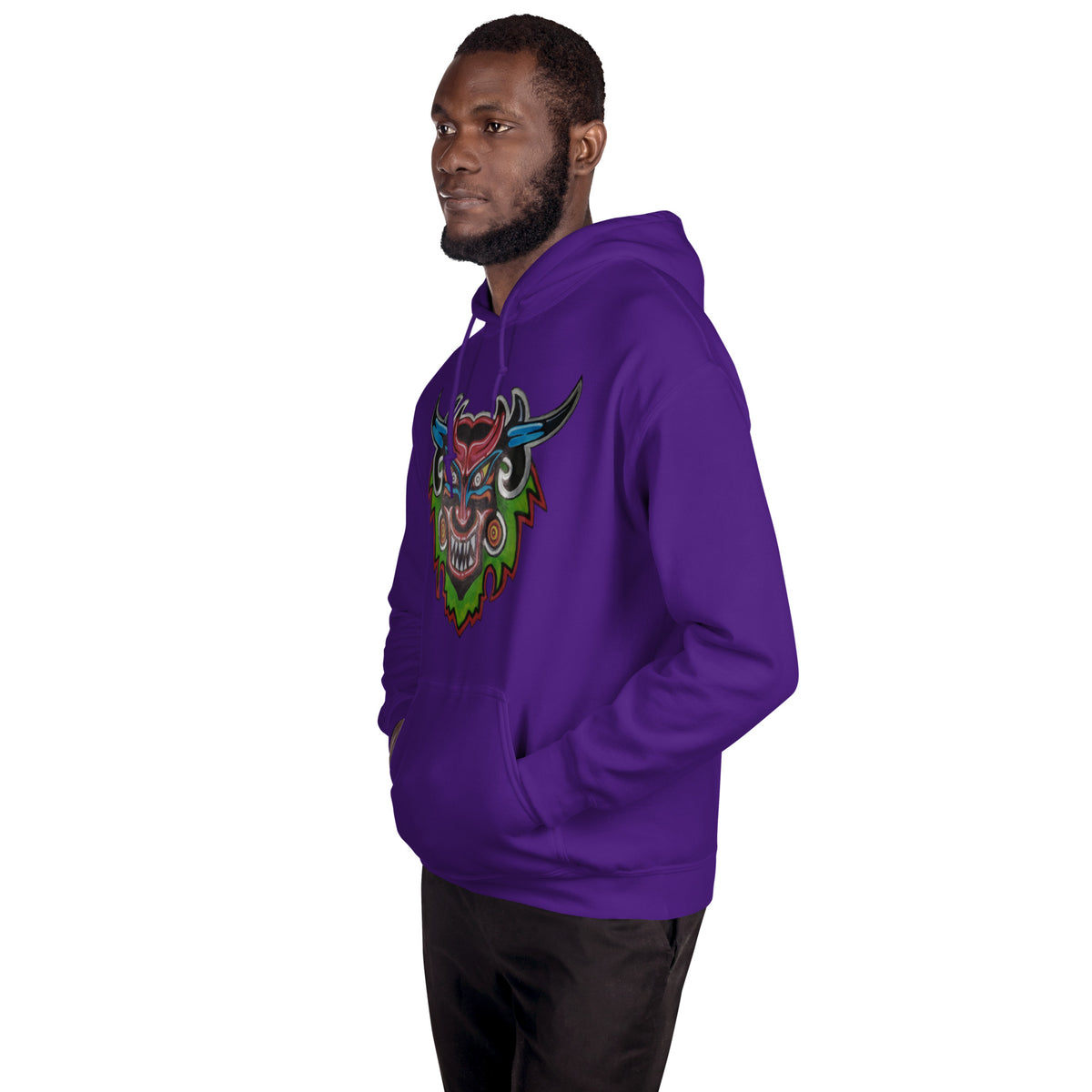 Purple unisex hoodie with hand-drawn Dancing Demon folk art by Bareta Fina Designs