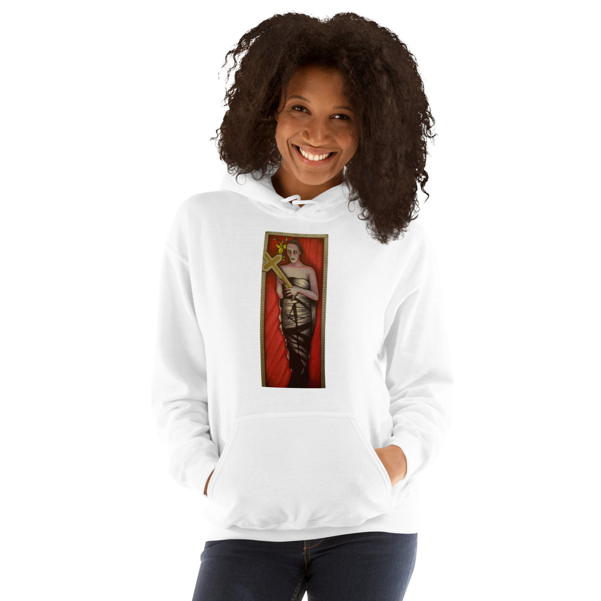 White unisex hoodie with original hand-drawn gothic The Mourning Bride art by Bareta Fina Designs