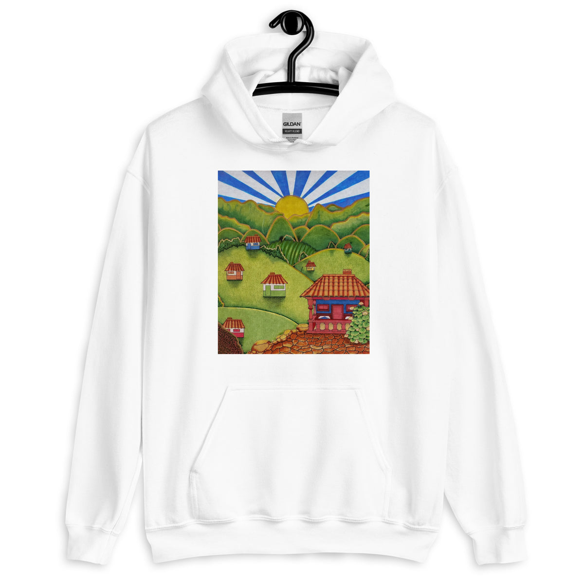 White unisex hoodie with hand-drawn Colombian landscape art – Beautiful View by Bareta Fina Designs