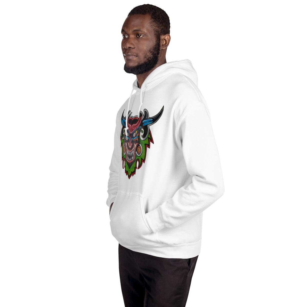 White unisex hoodie with hand-drawn Dancing Demon folk art by Bareta Fina Designs