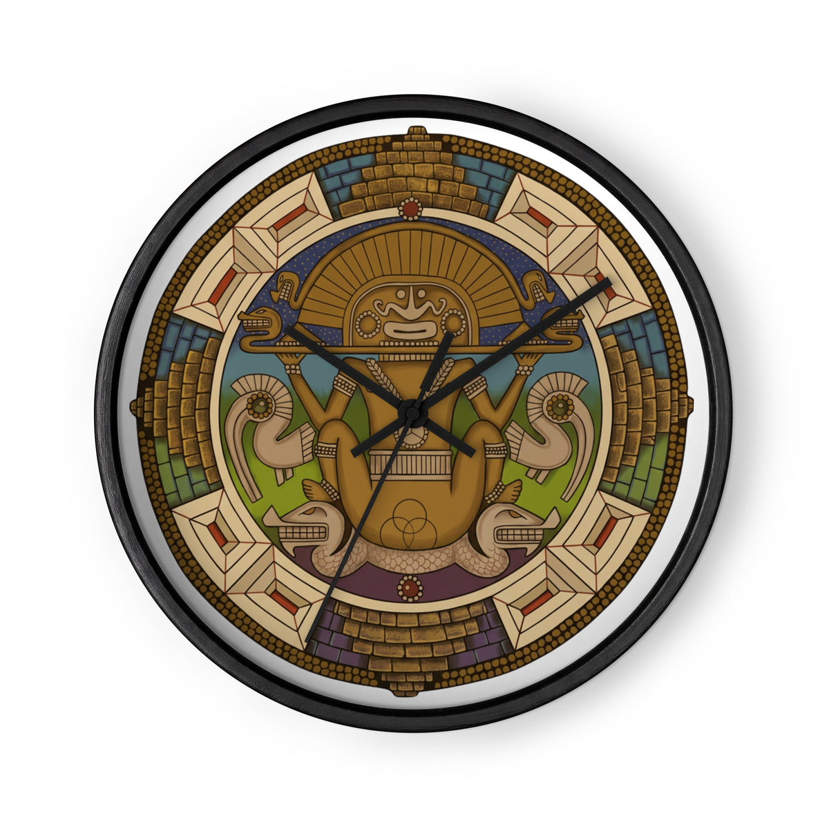 Black wall clock with hand-drawn pre-Columbian Sun God deity art by Bareta Fina Designs
